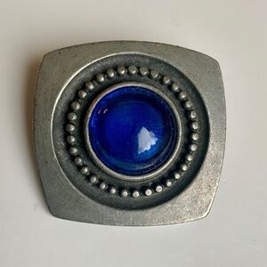 Vintage Scandinavian MCM pewter and blue glass brooch by R. Tennesmed